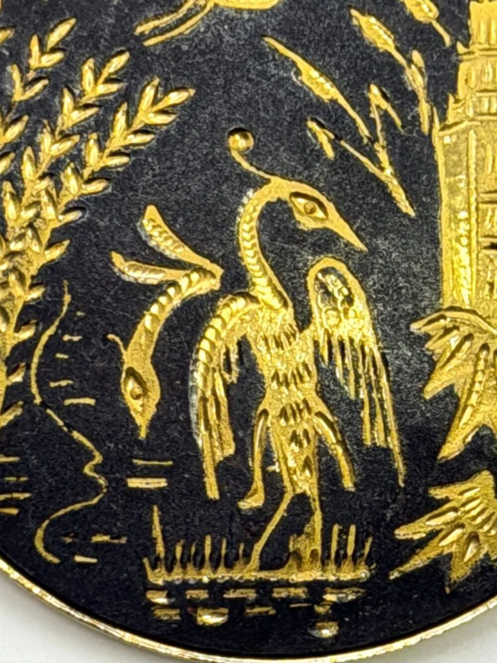 Vintage Damascene Brooch Black Crane Water Cattails Trombone Clasp